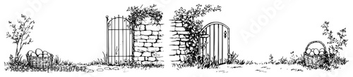 Set of hand drawn sketches featuring garden gates stone walls and baskets of Easter eggs