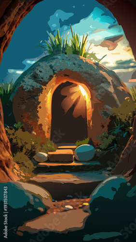 Empty tomb with stone rolled away flat vector, easter illustration