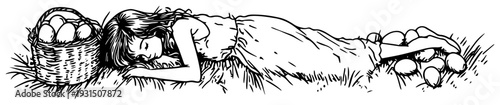Vintage hand drawn sketch of a girl sleeping in a meadow next to a basket of Easter eggs