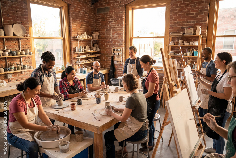 Obraz premium Diverse group attending pottery and art class in creative studio environment