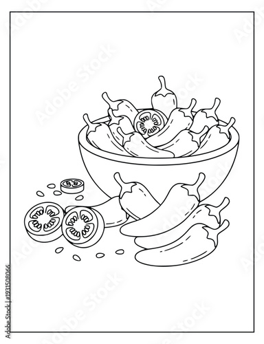 Chili pepper bowl line art illustration for creative kids coloring book