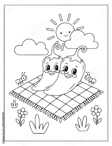 Chili pepper characters having a sunny picnic for kids coloring book page
