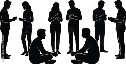 People silhouettes in group therapy or business discussion session with standing and seated participants, communication and teamwork concept, black vector illustration isolated on white