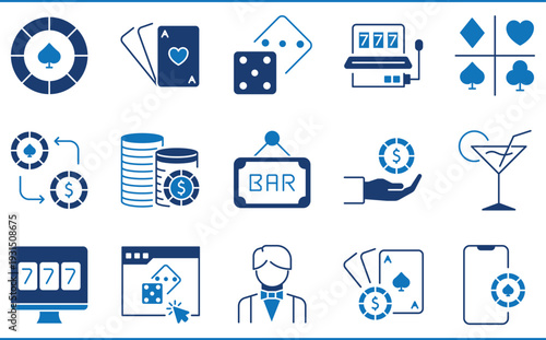 A set of icons related to Casino and Gambling. Games, luck, money, cards, drinks, roulette, poker, and so on.