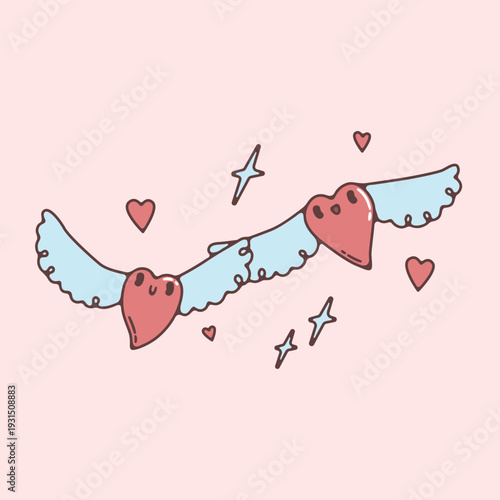 Cute hearts holding wings together. Romantic vector illustration, cartoon retro characters, valentine day card. Love and friendship concept.