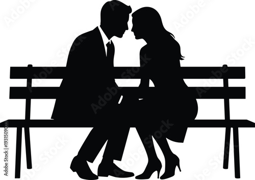Romantic couple silhouette sitting on park bench, intimate love and dating concept, black vector illustration isolated on white background
