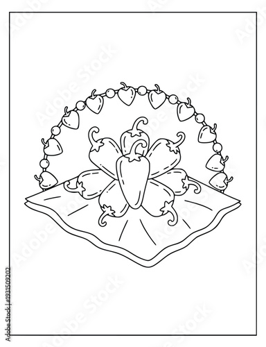 Chili pepper arrangement with a heart garland for a kids coloring book page