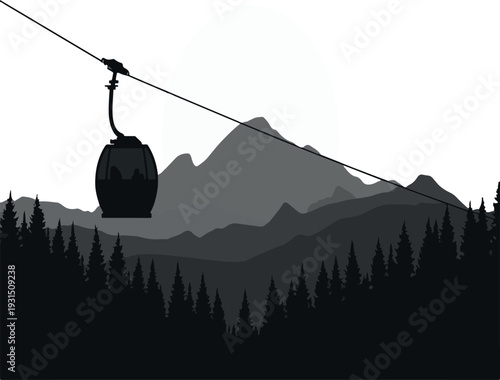 Mystical Mountain Gondola Journey: Flat Design Cable Car Silhouette Against a Giant Moon and Layered Peaks - Tranquil Monochrome Vector Scenery