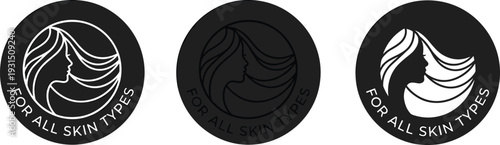 Set of beauty logo badges with woman face silhouette and flowing hair, circular black and white design labeled for all skin types skincare branding concept