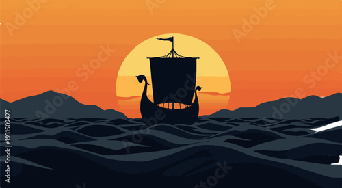 Viking Longship Sailing at Sunset Vector Illustration: Epic Ancient Journey on Wavy Sea, Dramatic Scandinavian Maritime Adventure, Historical Voyage Landscape Silhouette