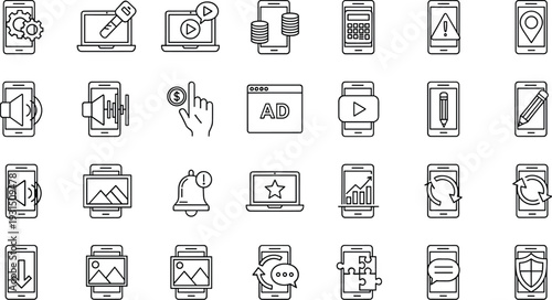 Mobile Application Line Icon Set – Smartphone UI, Media, Security and Business Outline Vector