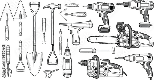Hand tools and power tools illustration set with drill, chainsaw, shovel, hammer, and gardening equipment collection