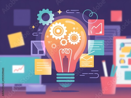 Creative Business Idea Concept Illustration with Glowing Light Bulb, Gears, and Digital Productivity Icons on Abstract Purple Background
