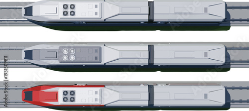 Top View High Speed Train Set Illustration Featuring Modern Electric Locomotives on Railway Tracks – Detailed Technical Vector Transport Design Isolated Background