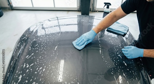 Detailer using clay bar to decontaminate car paint surface