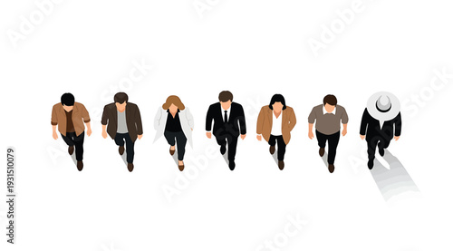 Diverse group of business people walking together in a line on white background with one person ahead