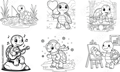 Adorable cartoon turtles enjoying different hobbies and seasons tortoise illustration