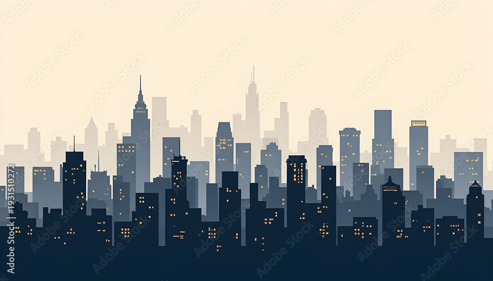 Fototapeta premium Silhouette of Modern City Skyline with Skyscrapers and Bright Windows at Dusk