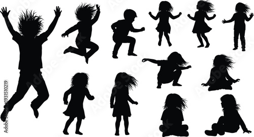 Children silhouette set jumping, dancing, and playing, active kids poses collection isolated on white background