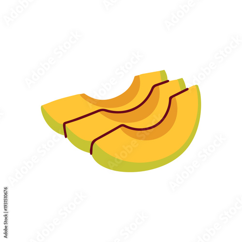 Three fresh avocado slices curved for healthy garnish used in salad recipes snacks and organic food culinary illustrations.