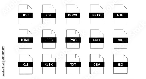 a comprehensive set of file type icons illustrating common digital document formats and data extensions.