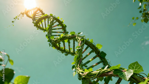 DNA's Verdant Embrace: A vibrant DNA helix intertwined with lush green vines, basking in the sun's radiant glow, embodies nature's inherent life force and scientific harmony.