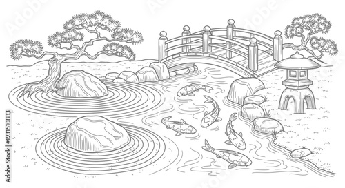 a traditional japanese garden sketch with zen rock patterns a koi fish pond and a charming wooden bridge evoking tranquility.