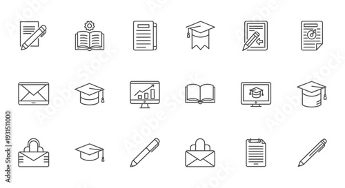 modern education business and communication vector icons illustrating e-learning academic and administrative concepts for digital projects