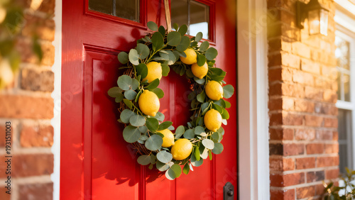 Lemon Wreath: A vibrant lemon wreath, adorned with fresh citrus fruits and lush greenery, hangs on a red front door, creating a welcoming and cheerful entrance.