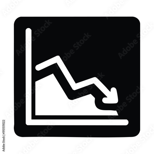 A minimalist black and white icon depicting a line graph with a sharp downward trend and an arrow, symbolizing decline, loss, or negative performance.
