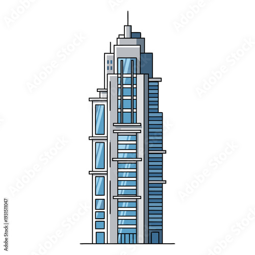 Modern skyscraper with blue glass facade and geometric architecture elements in urban skyline