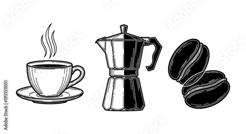 vintage coffee icons set illustration with a steaming cup moka pot and roasted coffee beans