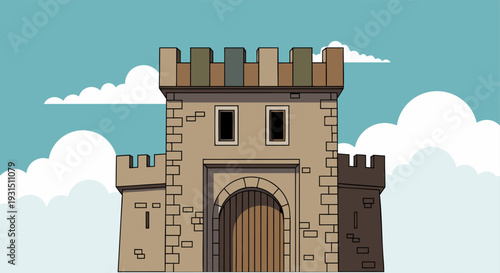Medieval stone castle gate with battlements and archway against blue sky and white clouds