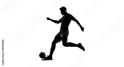 a dynamic male soccer player silhouette kicking a football isolated on white illustrating athletic sport and competition.
