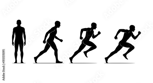a male runners silhouette showing the progression from standing to full sprint illustrating speed fitness and athletic movement on a clean background.