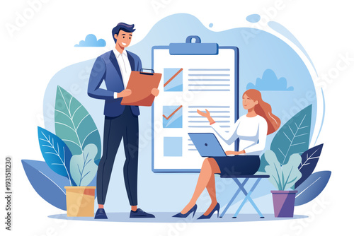 Professional collaboration: man holding clipboard and woman with laptop in modern office setting with plants and oversized checklist for productive teamwork