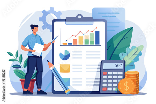 Businessman analyzing financial growth chart on clipboard with calculator, coins, and graphs for economic success and investment strategies