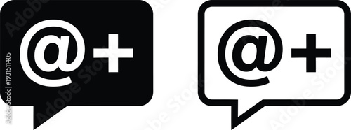 Email subscription speech bubble icon set. Contact and newsletter vector. at symbol and plus sign. Add contact, subscribe to newsletter, email notification, UI design elements.