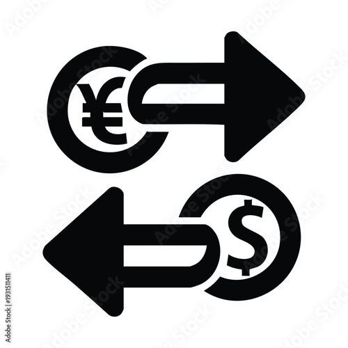 Black and white icon representing currency exchange between Yen/Euro and Dollar with opposing arrows, symbolizing global financial transactions.