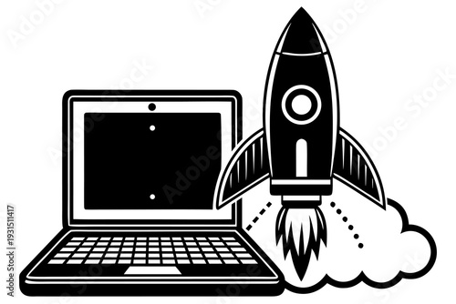 Digital innovation depicted by rocket launching from laptop symbolizing technology and progress in business and education