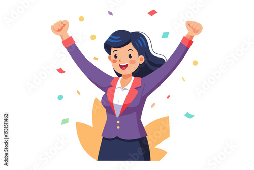 Enthusiastic female character celebrating success with raised arms and smiling expression amidst colorful confetti