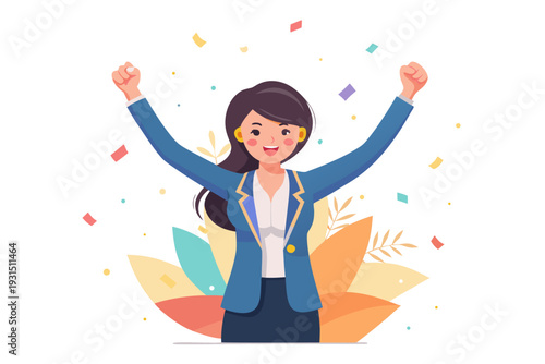 Enthusiastic woman celebrating success, smiling in blue blazer, surrounded by colorful confetti and abstract petals, symbolizing achievement and happiness