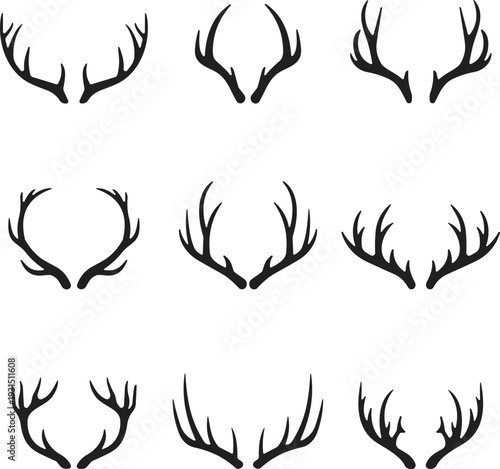 Deer antlers, wildlife silhouettes, hunting icons, nature vector, animal clipart, rustic design, antler graphic, outdoor illustration, decorative symbol, forest art