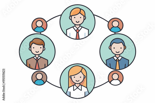 Network of diverse business professionals connected through circles illustrating teamwork and collaboration in a modern workplace setting