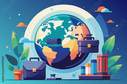 Vector of professional journey: briefcase, globe, and books representing global careers and education in a modern, vibrant illustration
