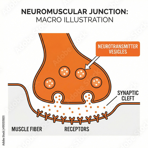 Macro medical illustration of neuromuscular junction with labeled neurotransmitter vesicles