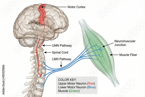 Detailed 3D medical illustration of upper and lower motor neurons side by side