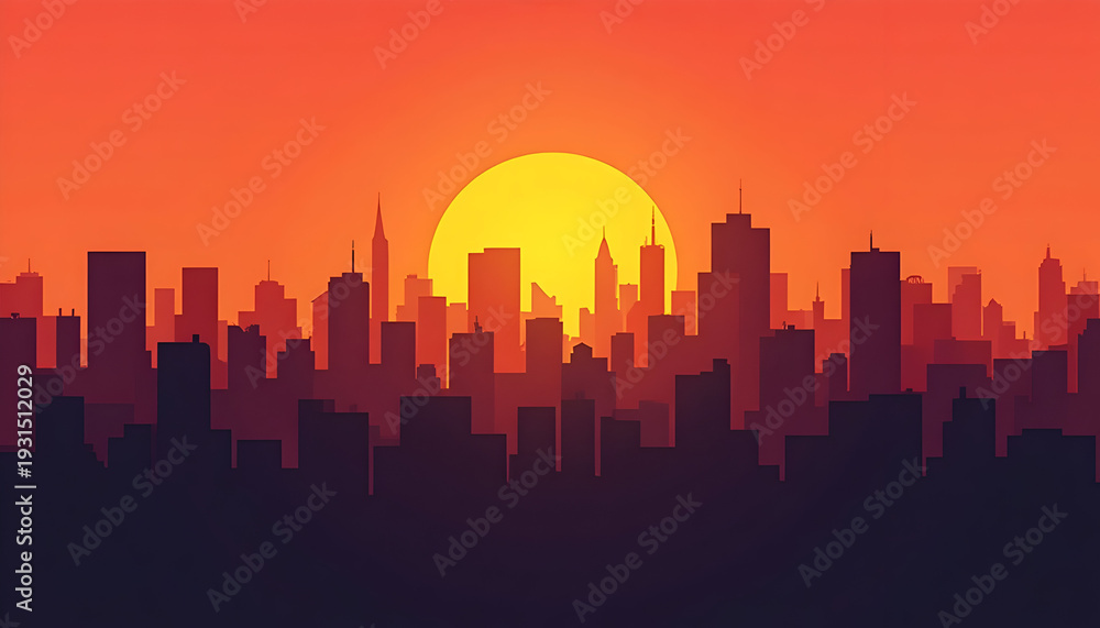 Fototapeta premium Sunset Skyline of a Modern City with Orange and Yellow Sky and Tall Buildings