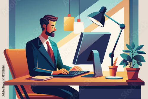 Professional man in modern office working on computer: focused business environment with minimalist decor and natural greenery accents