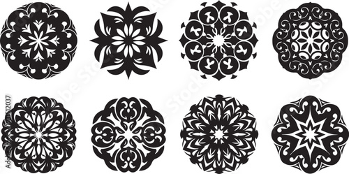 Set of eight intricate black and white mandala designs